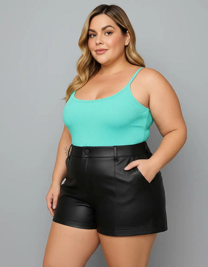 Bermuda Couro Fake Plus Size Feminina Cintura Alta Casual