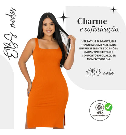 Vestido Midi Canelado Premium Com Alça E Fendas Casual Básico