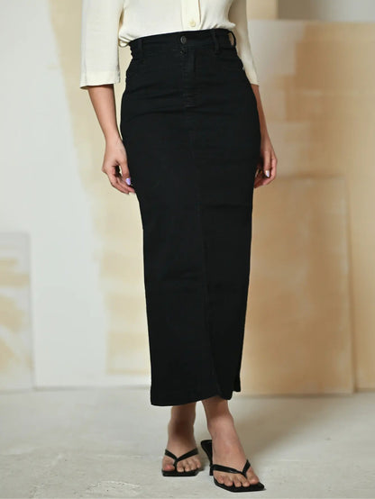 Saia Longa Jeans E Brim Abertura Lateral Elastano Anagrom