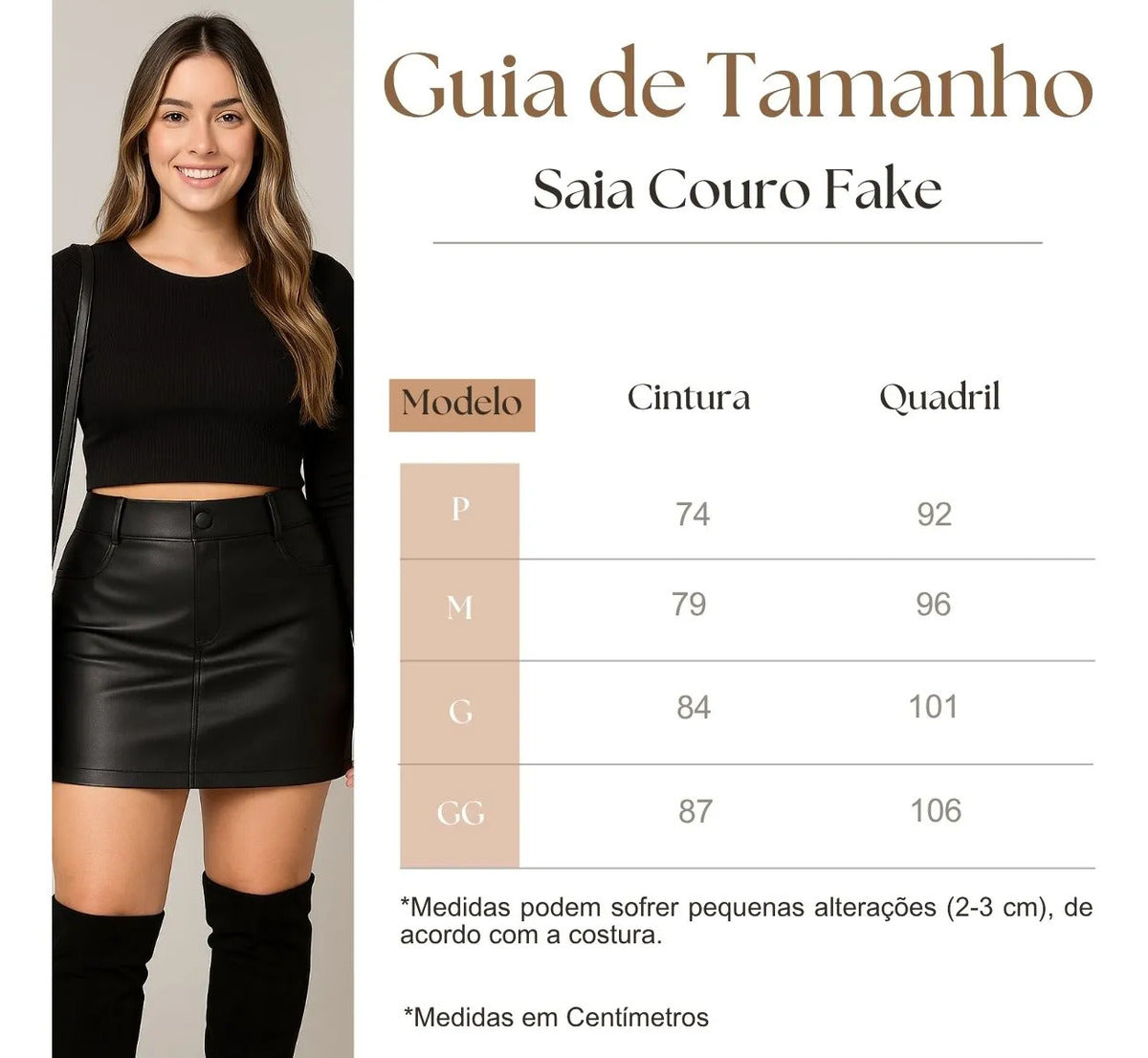 Saia Feminina Cintura Alta Courino Zíper Na Lateral Balada