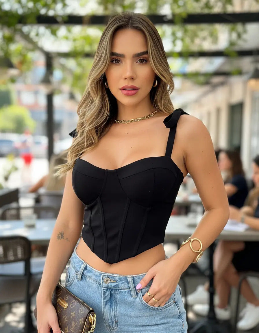Croped Bengaline Corselet Corset Alcinha De Amarrar Com Bojo