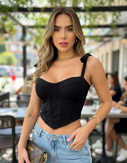 Croped Bengaline Corselet Corset Alcinha De Amarrar Com Bojo