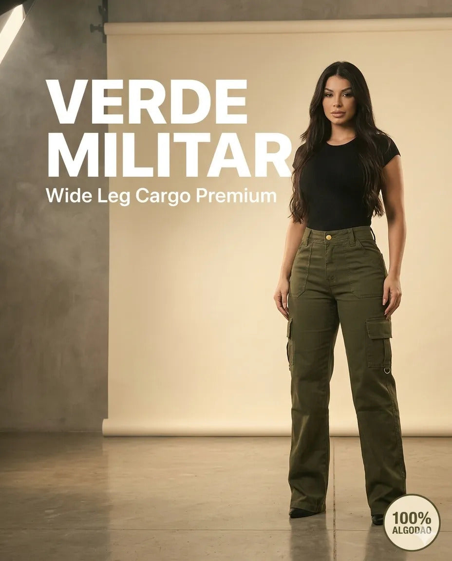 Calça Cargo Feminina Wide Leg Cintura Alta Jeans  Stillger