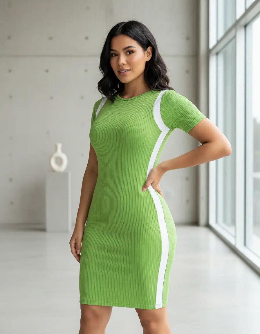 Vestido Canelado Curto Com Manga Casual Básico Modelador