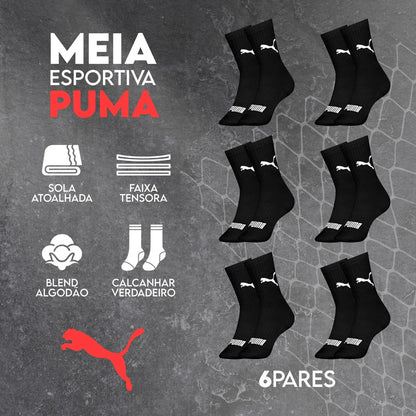 6 Pares Meias Puma Cano Médio Alto Atoalhada Academia Sport