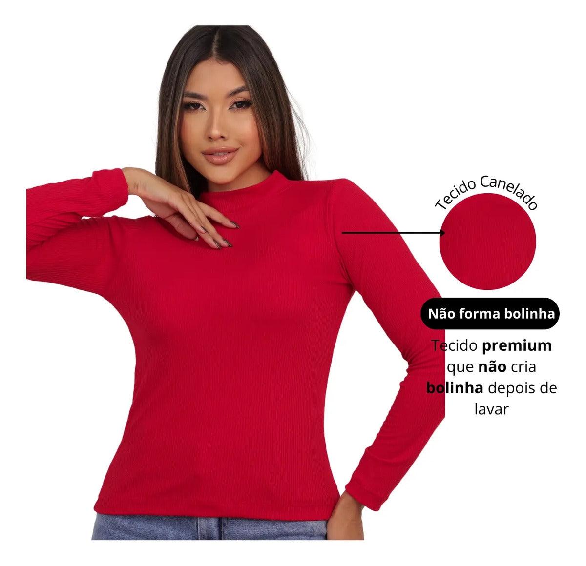 Blusa Feminina Canelada Gola Alta Manga Comprida Cacharrel