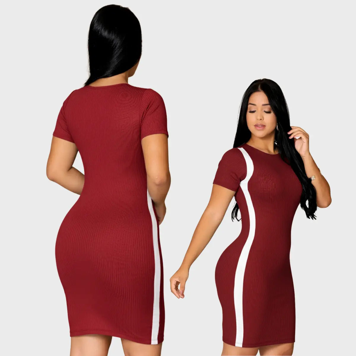 Vestido Canelado Curto Com Manga Casual Básico Modelador