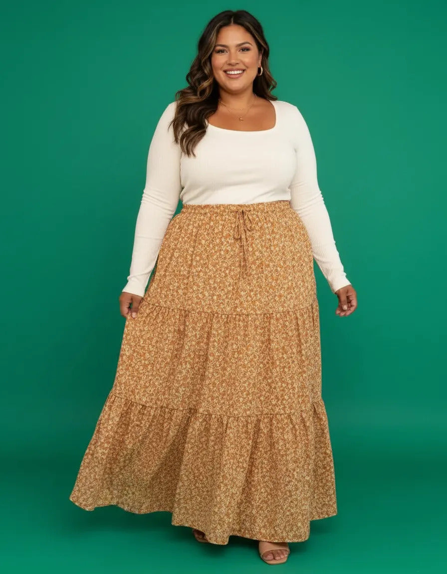 Saia Longa Com Babado Estica Bastante Veste 44 - 52 Elegante