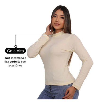 Blusa Feminina Canelada Gola Alta Manga Comprida Cacharrel