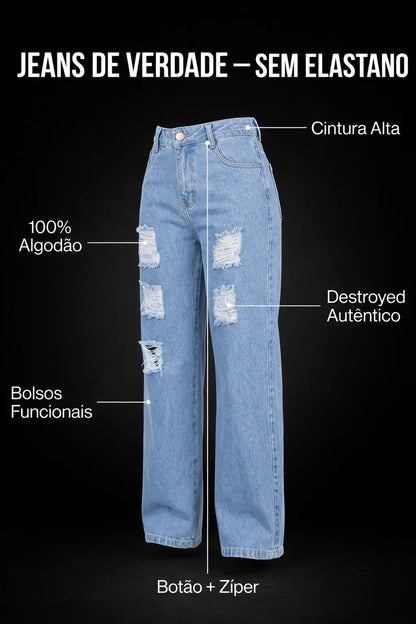 Calça Jeans Wide Leg Feminina Cintura Alta Sem Lycra Stillge