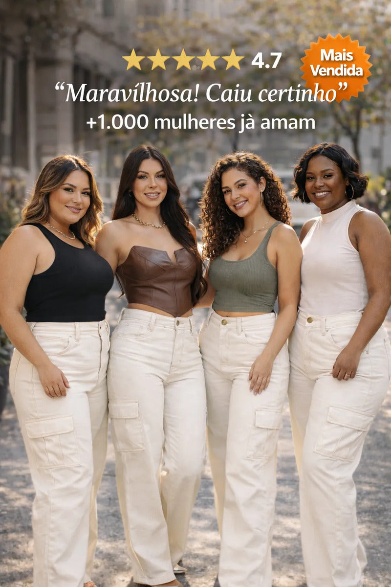 Calça Cargo Feminina Wide Leg Cintura Alta Jeans  Stillger