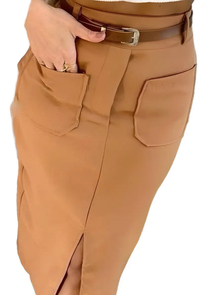 Saia Midi Feminina Com Cinto E Fenda Casual 2025