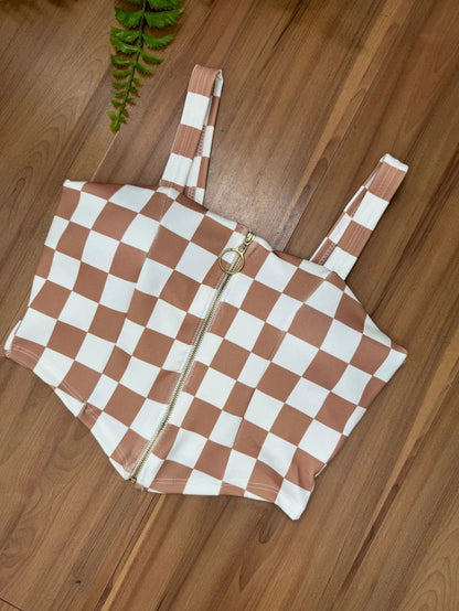 Cropped Zipper Corset Xadrez Balada Country Luxo Premium