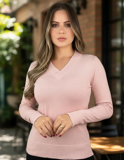 Blusa Trico Basica De Frio Feminina Decote V Manga Longa