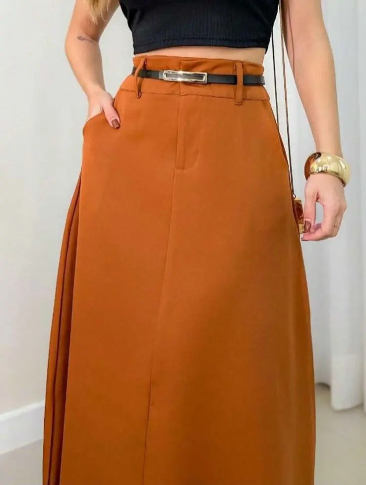 Saia Feminina Longa Com Cinto Alfaiataria Com Bolso