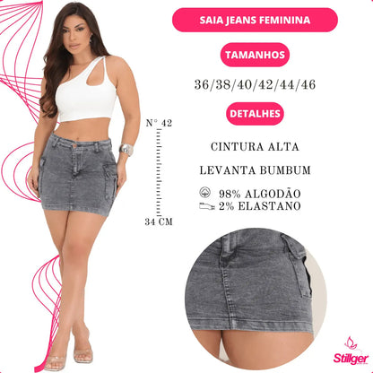 Saia Jeans Cargo Feminina Cintura Alta Com Lycra Stillger