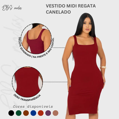 Vestido Midi Canelado Premium Com Alça E Fendas Casual Básico