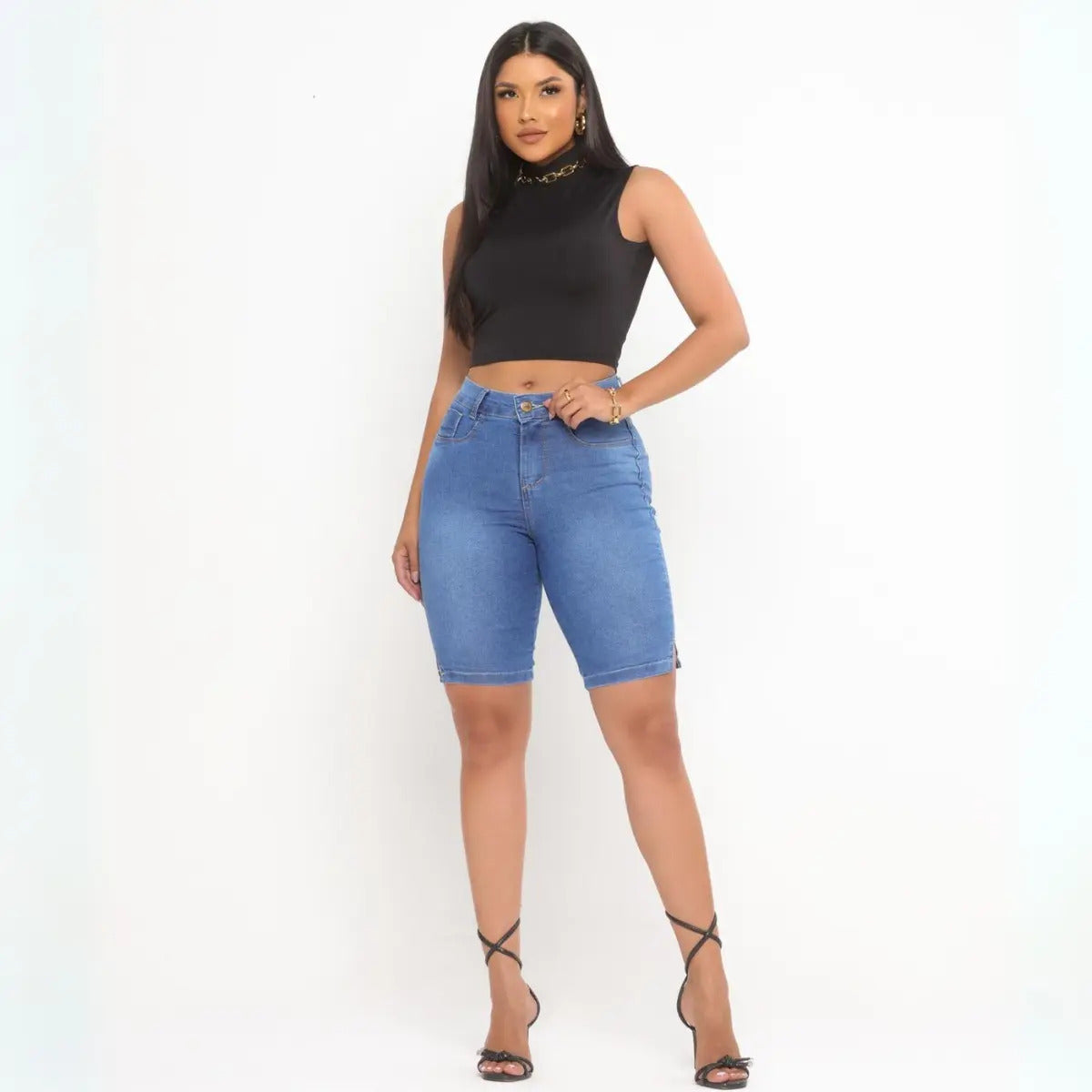Bermuda Ciclista Jeans Feminina Com Lycra Cós Alto