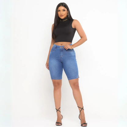 Bermuda Ciclista Jeans Feminina Com Lycra Cós Alto