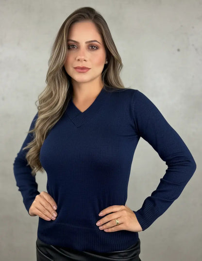 Blusa Trico Basica De Frio Feminina Decote V Manga Longa