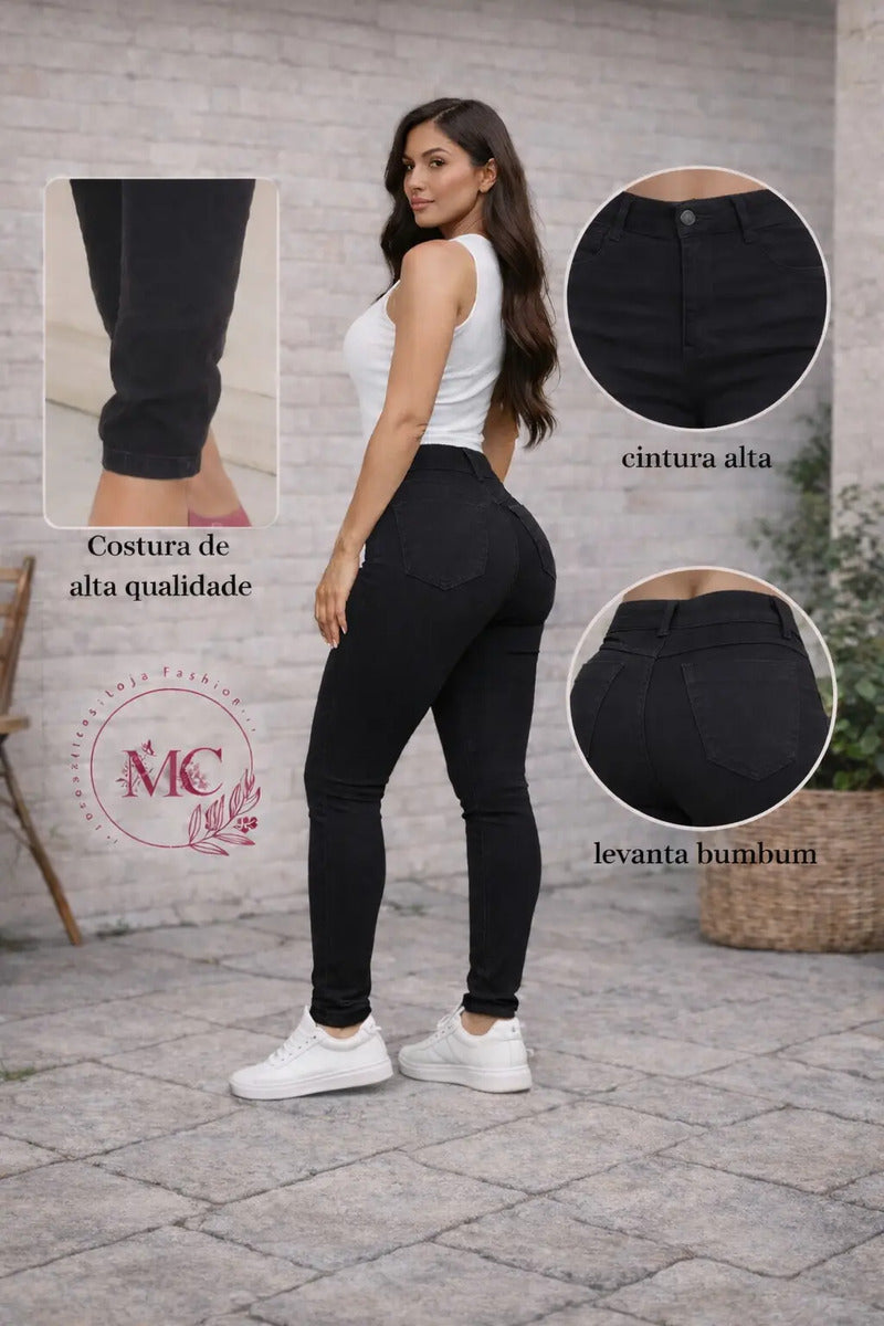 Calça Feminina Jeans Cintura Alta Skinny Levanta Bumbum