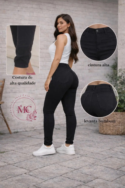 Calça Feminina Jeans Cintura Alta Skinny Levanta Bumbum