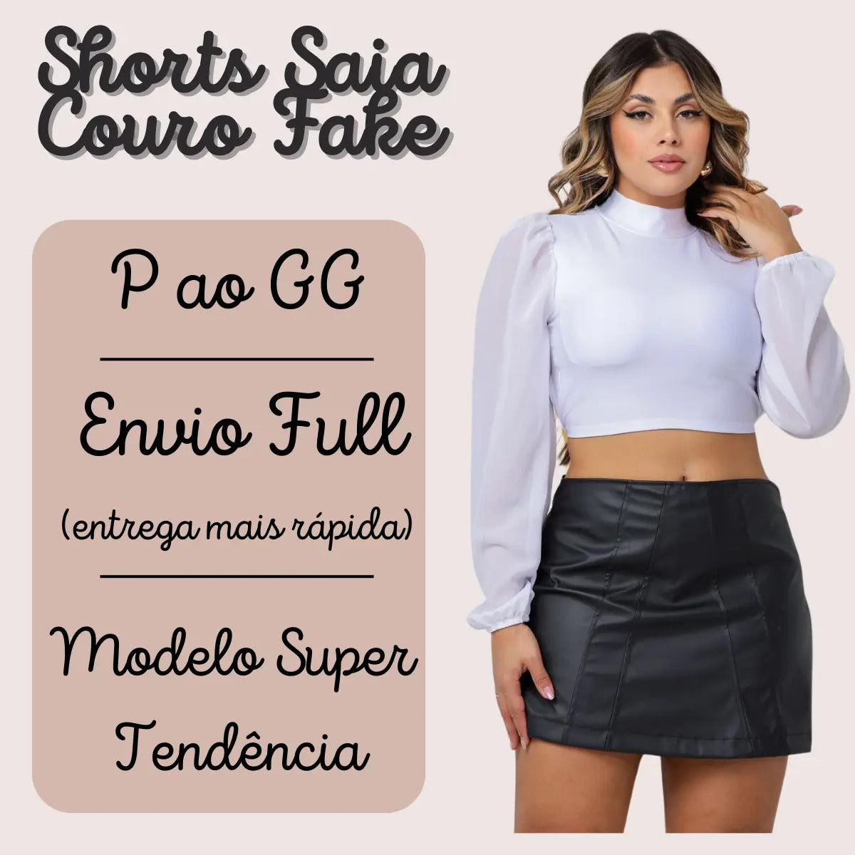 Short Saia Feminino Couro Fake Alta Moda Gringa Blogueira