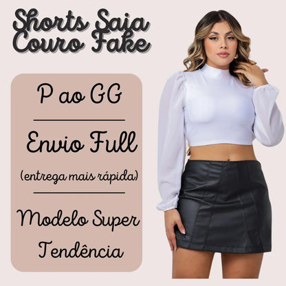 Short Saia Feminino Couro Fake Alta Moda Gringa Blogueira