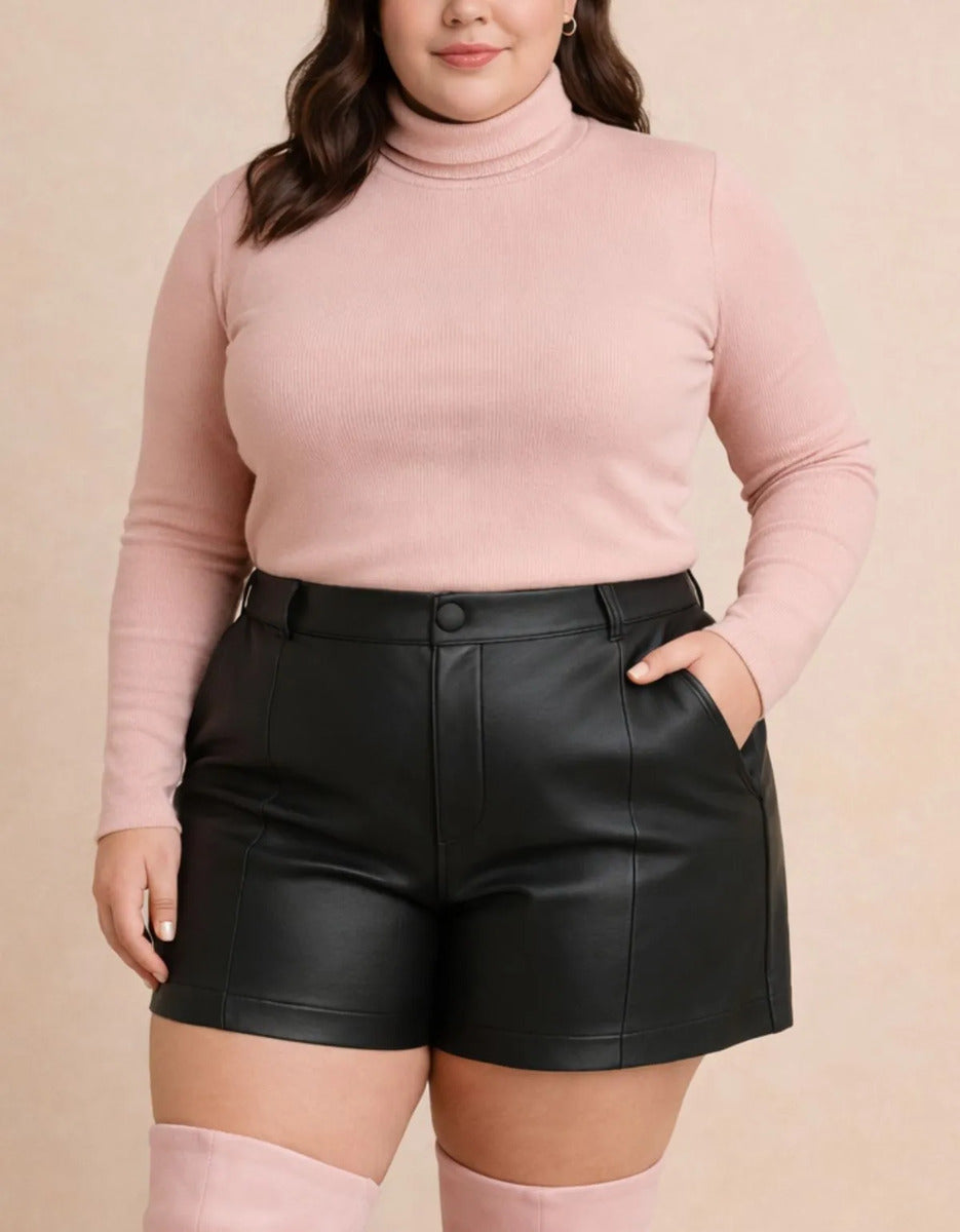 Bermuda Couro Fake Plus Size Feminina Cintura Alta Casual