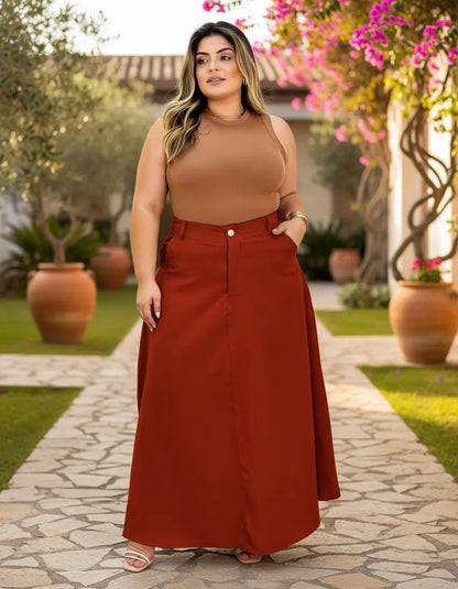 Saia Alfaiataria Plus Size Rodada Evasê Cós Alto Evangélica