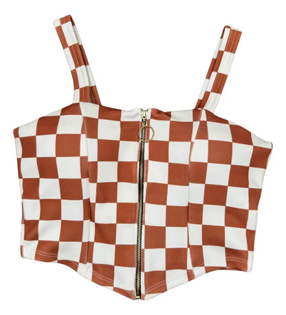 Cropped Zipper Corset Xadrez Balada Country Luxo Premium