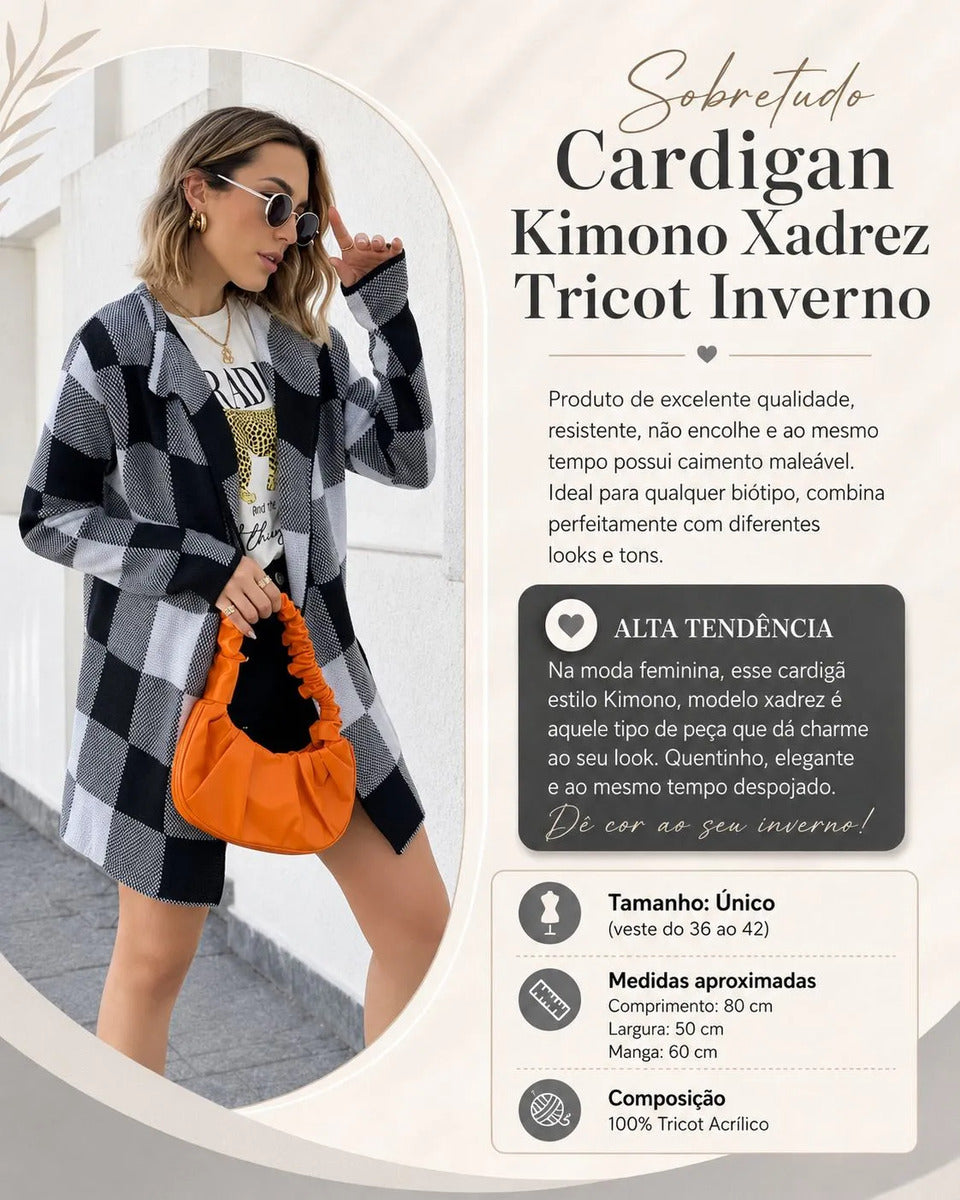 Casaco Cardigan Xadrez Tricot Blusa De Frio Kimono Inverno