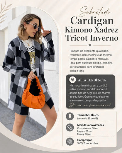 Casaco Cardigan Xadrez Tricot Blusa De Frio Kimono Inverno