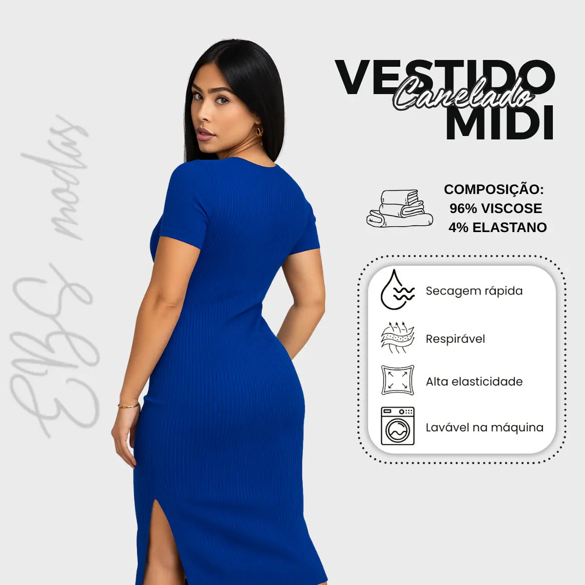 Vestido Canelado Midi Com Manga e Fenda Lateral Casual Básico