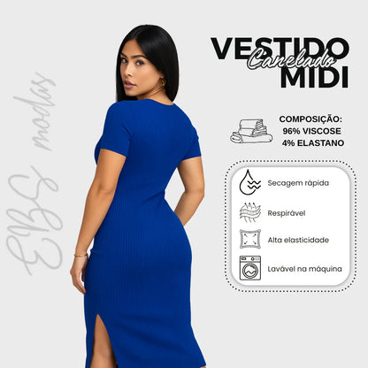 Vestido Canelado Midi Com Manga e Fenda Lateral Casual Básico