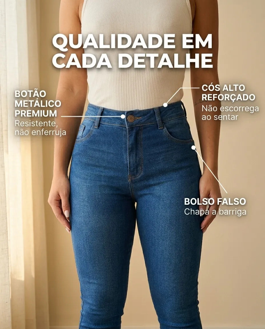 Calça Feminina Jeans Cintura Alta Skinny Levanta Bumbum