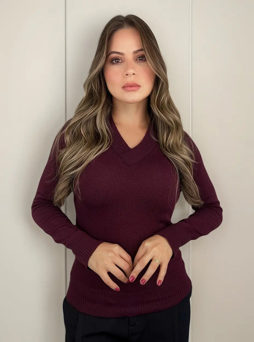 Blusa Trico Basica De Frio Feminina Decote V Manga Longa