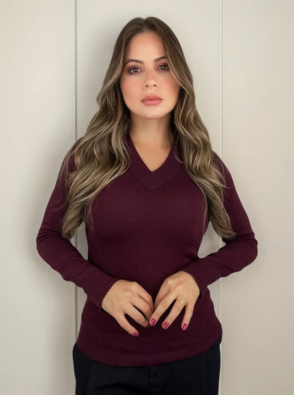 Blusa Trico Basica De Frio Feminina Decote V Manga Longa