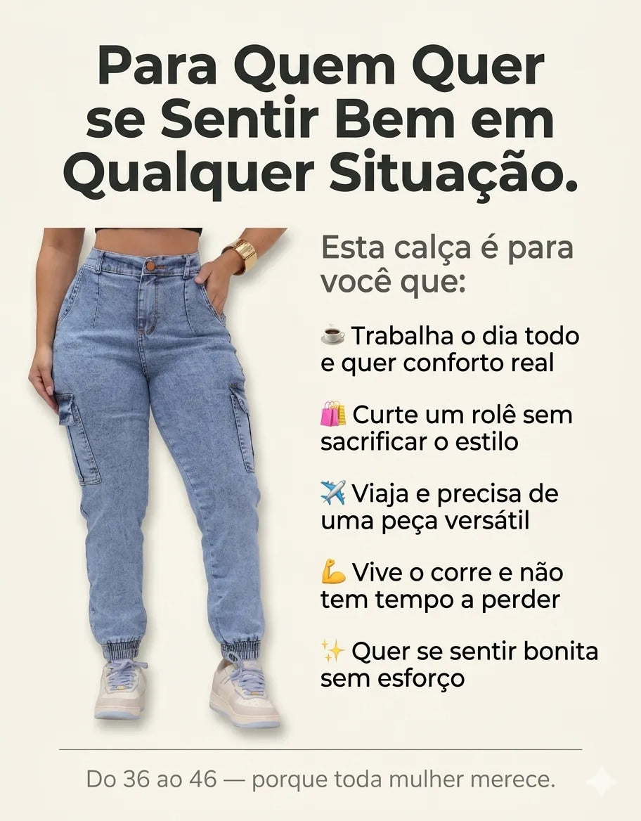 Calça Cargo Jogger Jeans Feminina Cintura Alta Com Lycra