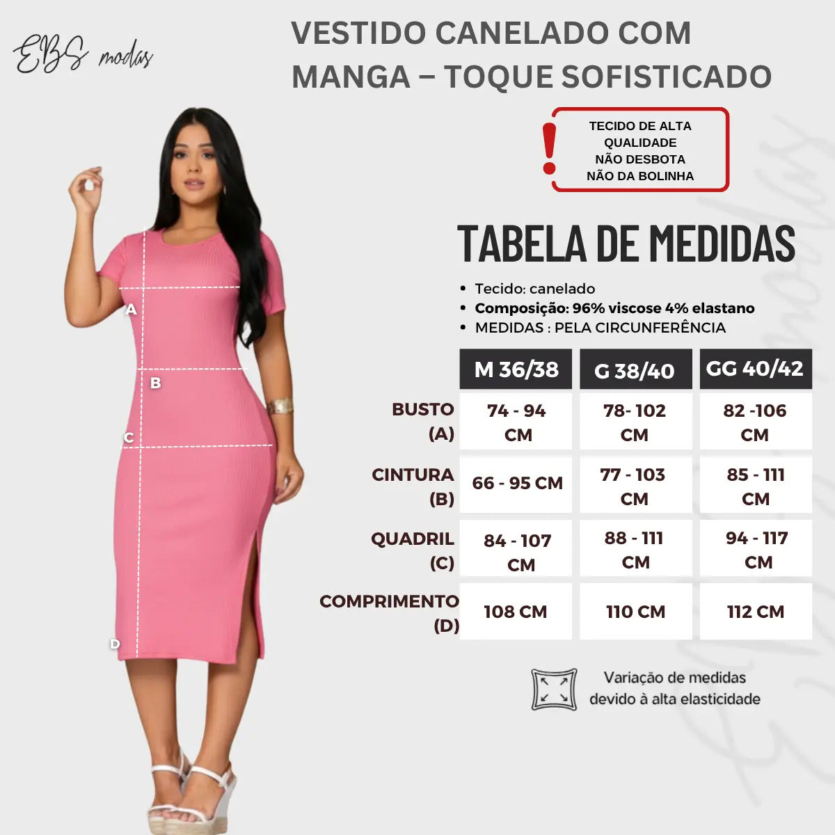 Vestido Canelado Midi Com Manga e Fenda Lateral Casual Básico