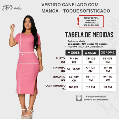 Vestido Canelado Midi Com Manga e Fenda Lateral Casual Básico
