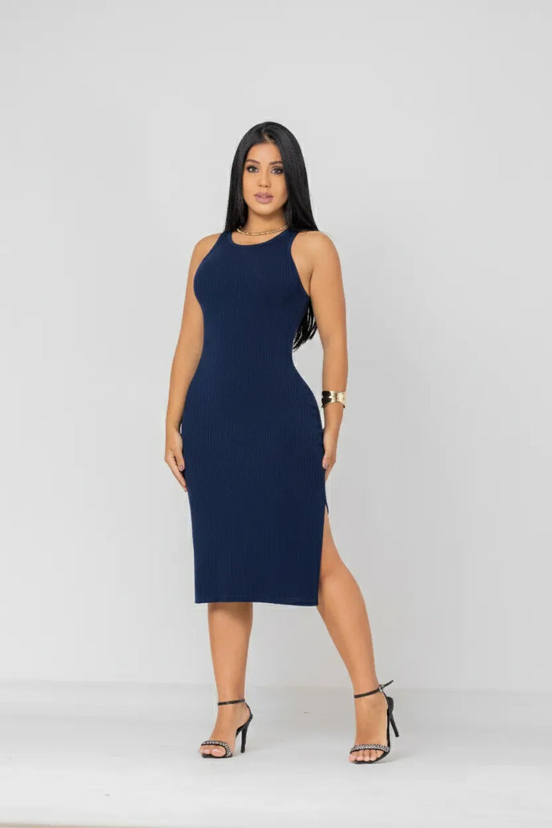 Vestido Canelado Midi Regata Com Fenda Zero Transparência