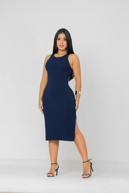 Vestido Canelado Midi Regata Com Fenda Zero Transparência