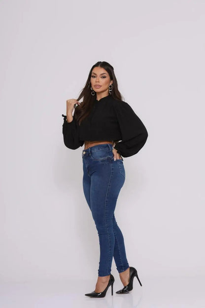 Calça Preta Jeans Feminina Com Elastano Cintura Alta Skinny