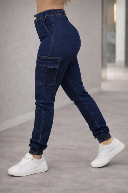 Calça Cargo Jogger Jeans Feminina Cintura Alta Com Lycra