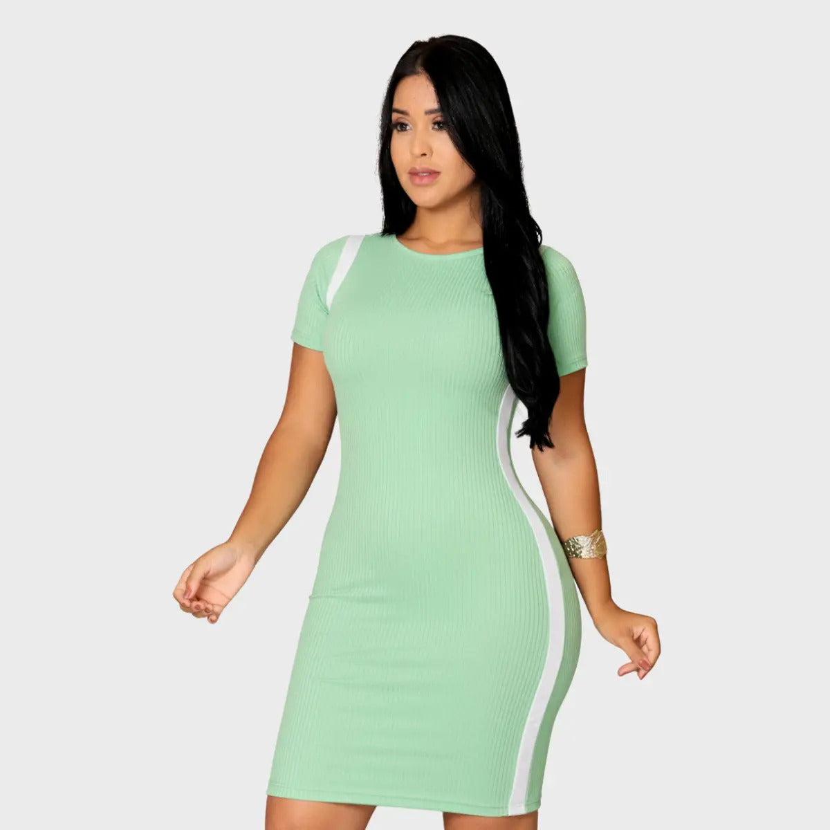Vestido Canelado Curto Com Manga Casual Básico Modelador