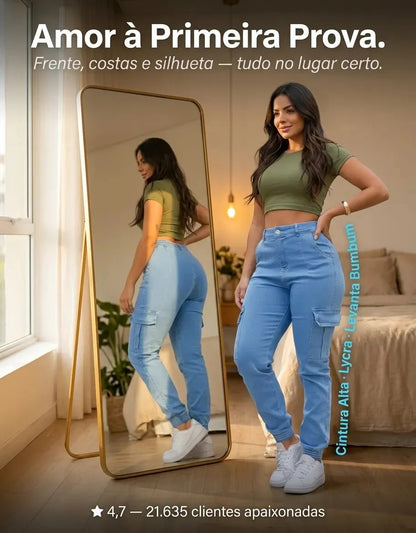 Calça Cargo Jogger Jeans Feminina Cintura Alta Com Lycra