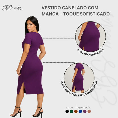 Vestido Canelado Midi Com Manga e Fenda Lateral Casual Básico