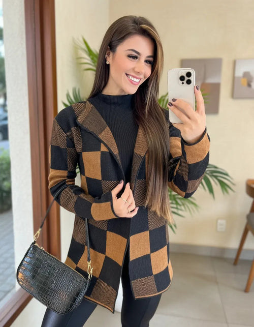 Casaco Cardigan Xadrez Tricot Blusa De Frio Kimono Inverno