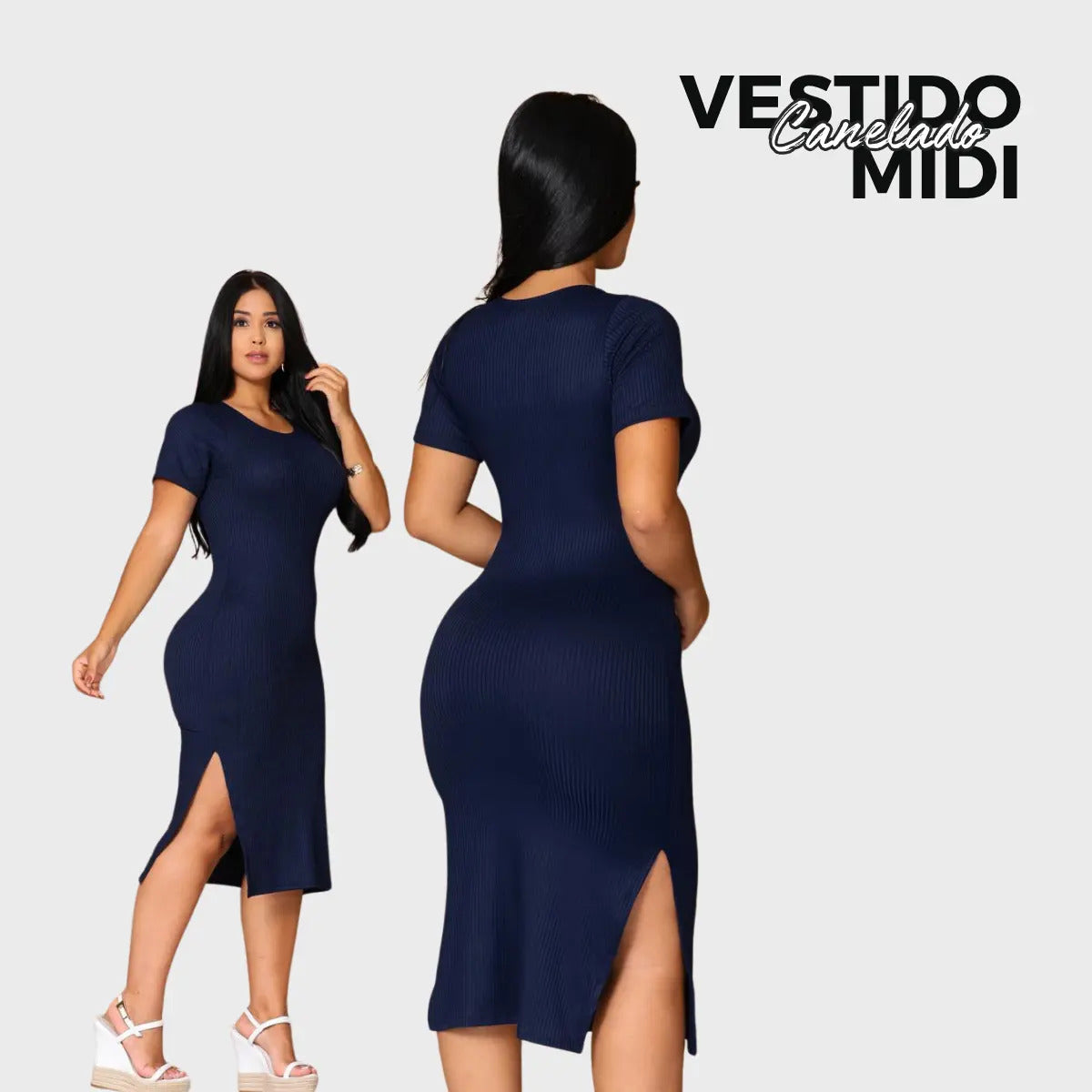 Vestido Canelado Midi Com Manga e Fenda Lateral Casual Básico